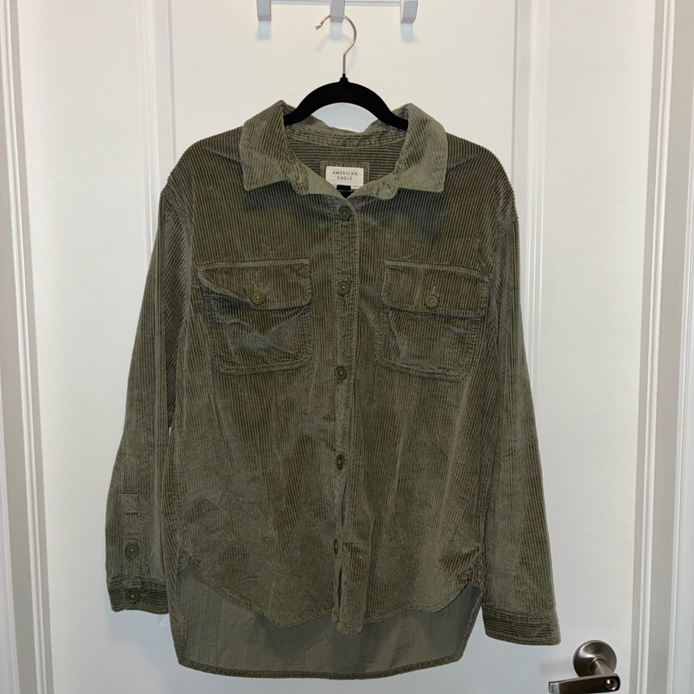 American Eagle Oversized Corduroy Button Up Shirt Small Olive Green Shacket Boho